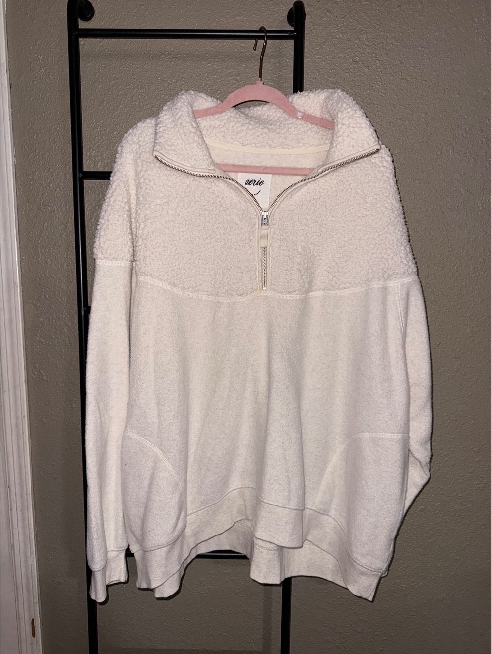 Aerie Oversized Sherpa Quarter Zip Pullover Women’s XXL Cream Fleece Cozy